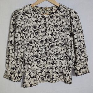 Vintage Lanz Originals Sz 12 Floral Black and White Women's Top